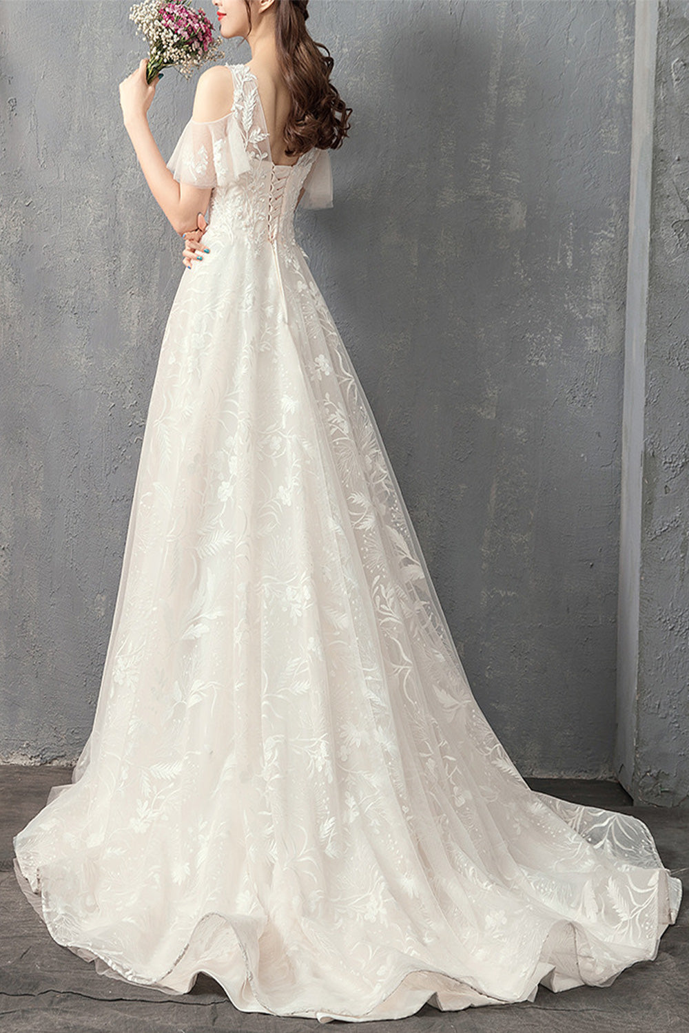 Women Cool Cut Out Shoulder Breathable Embroidered Style Wedding Dress