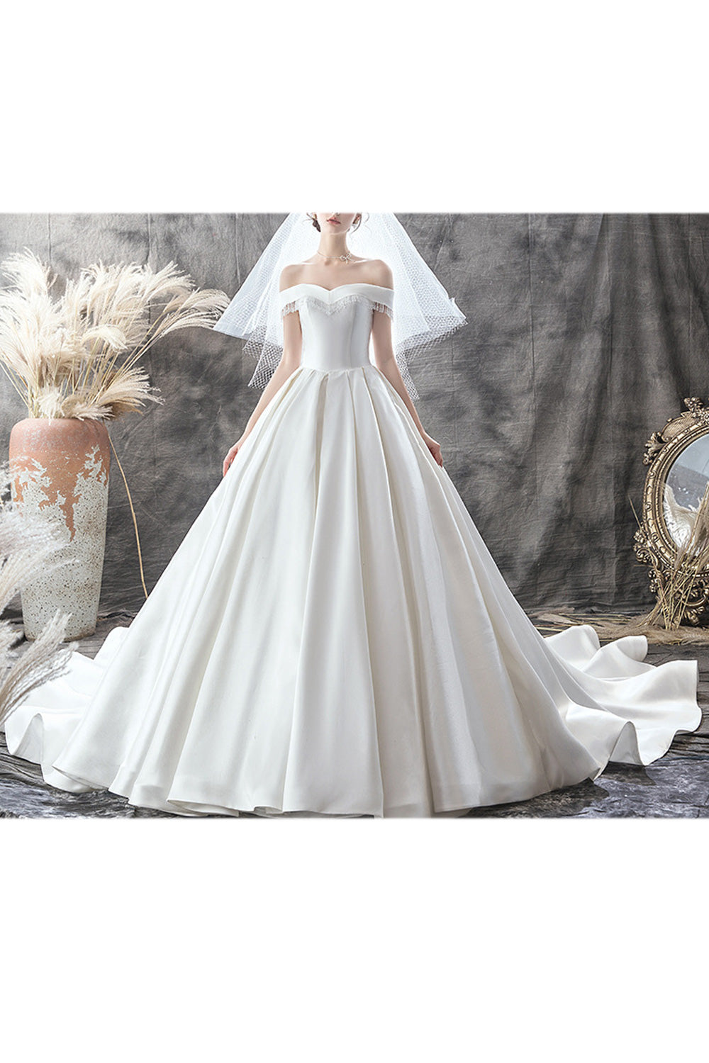 Women Solid Colored Elegant Long Tail Perfect Wedding Dress