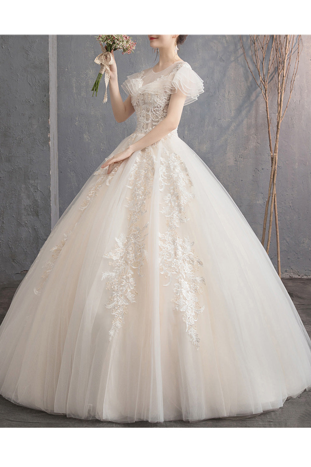 Women Short Ruffled Sleeve Ball Gown Charming Wedding Dress