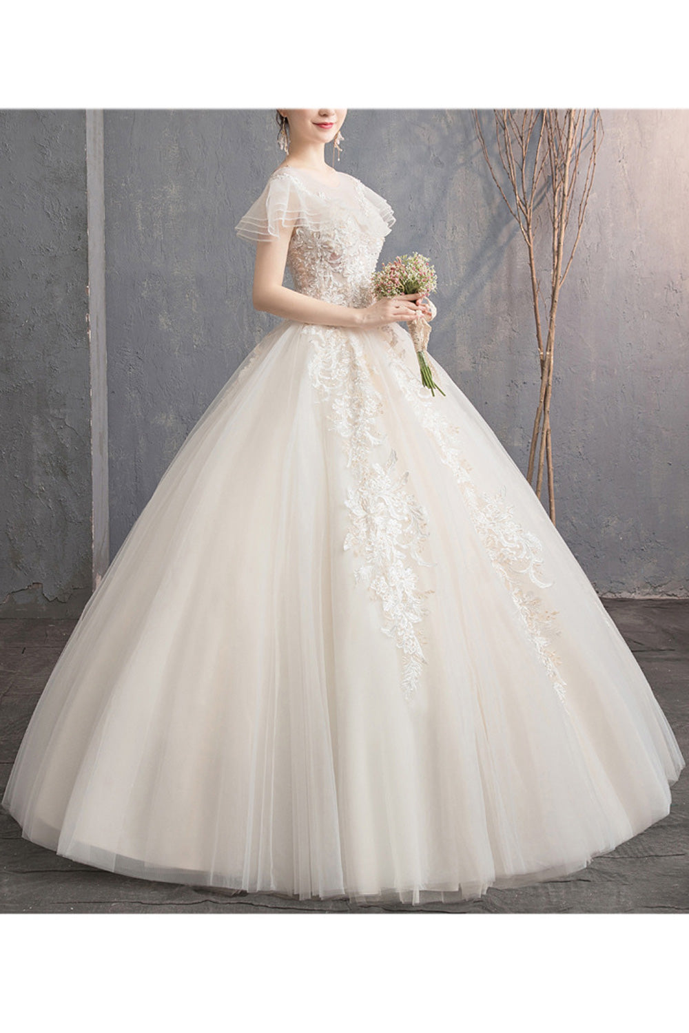 Women Short Ruffled Sleeve Ball Gown Charming Wedding Dress