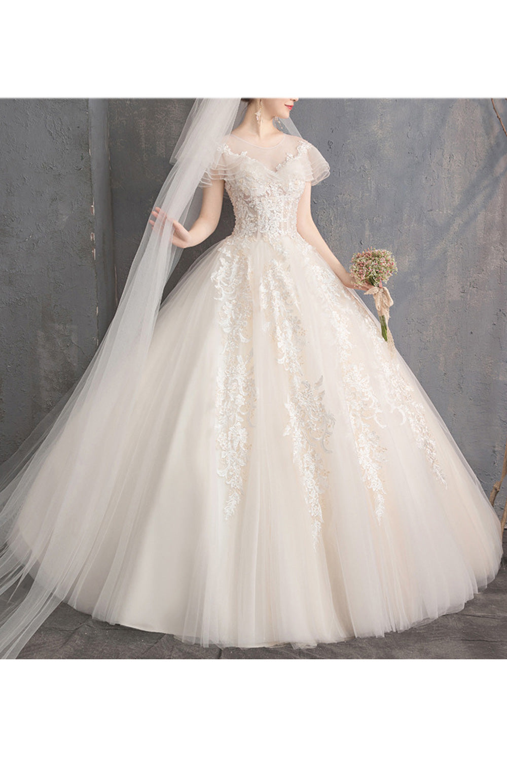 Women Short Ruffled Sleeve Ball Gown Charming Wedding Dress