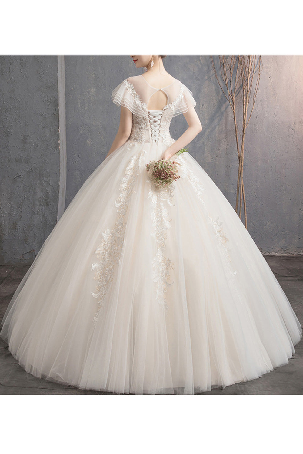 Women Short Ruffled Sleeve Ball Gown Charming Wedding Dress