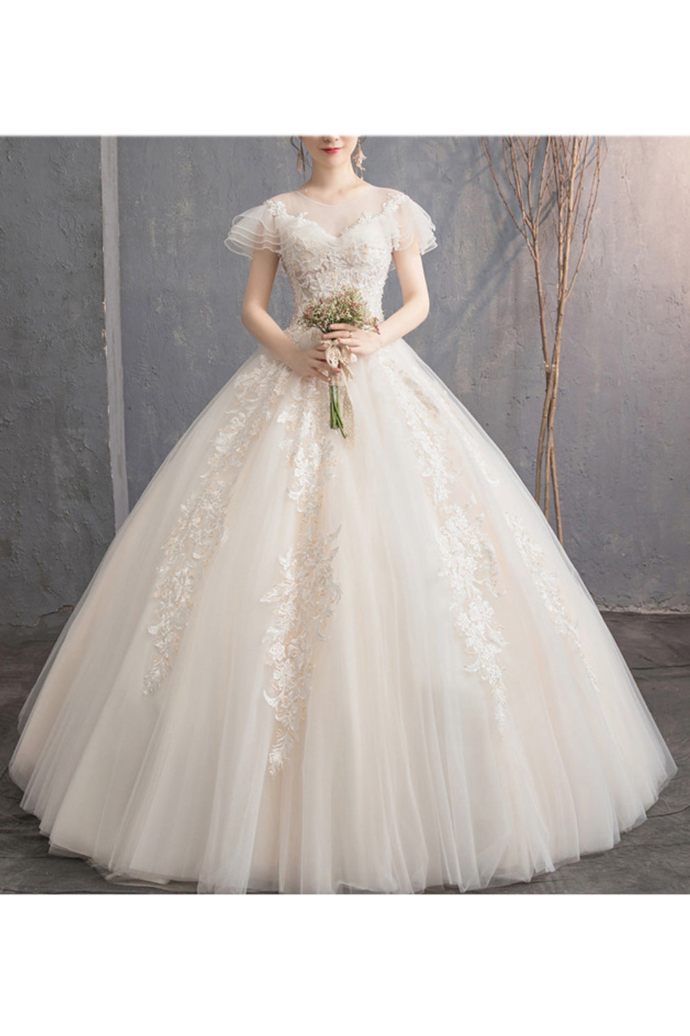 Women Short Ruffled Sleeve Ball Gown Charming Wedding Dress