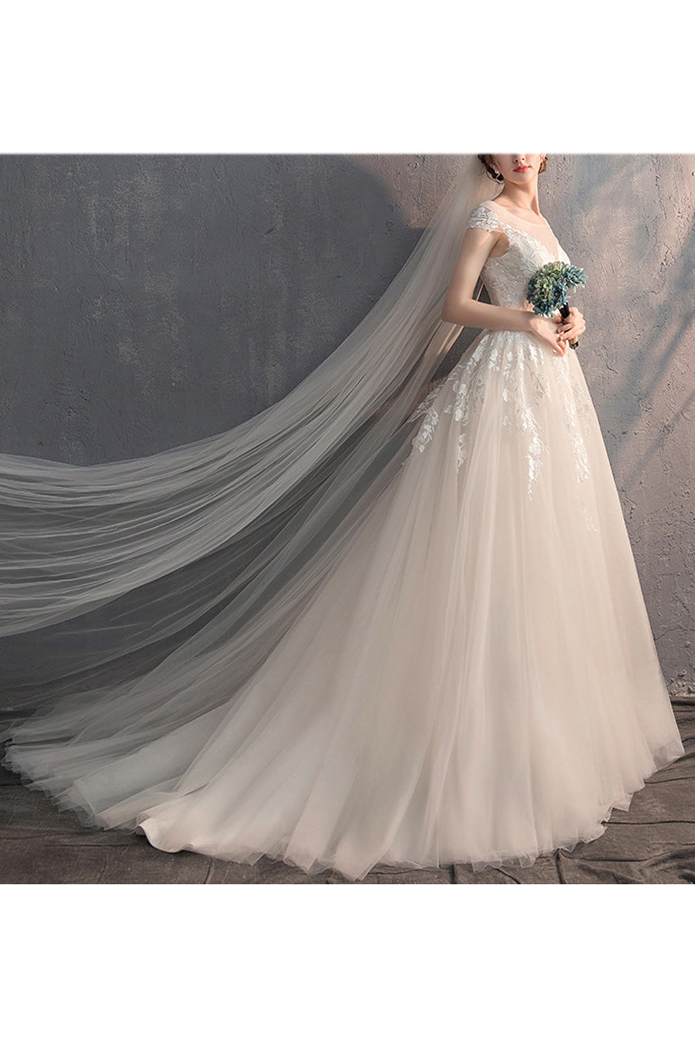 Women Long Tail Thin Classy Embroidered Slim Waist Wedding Dress