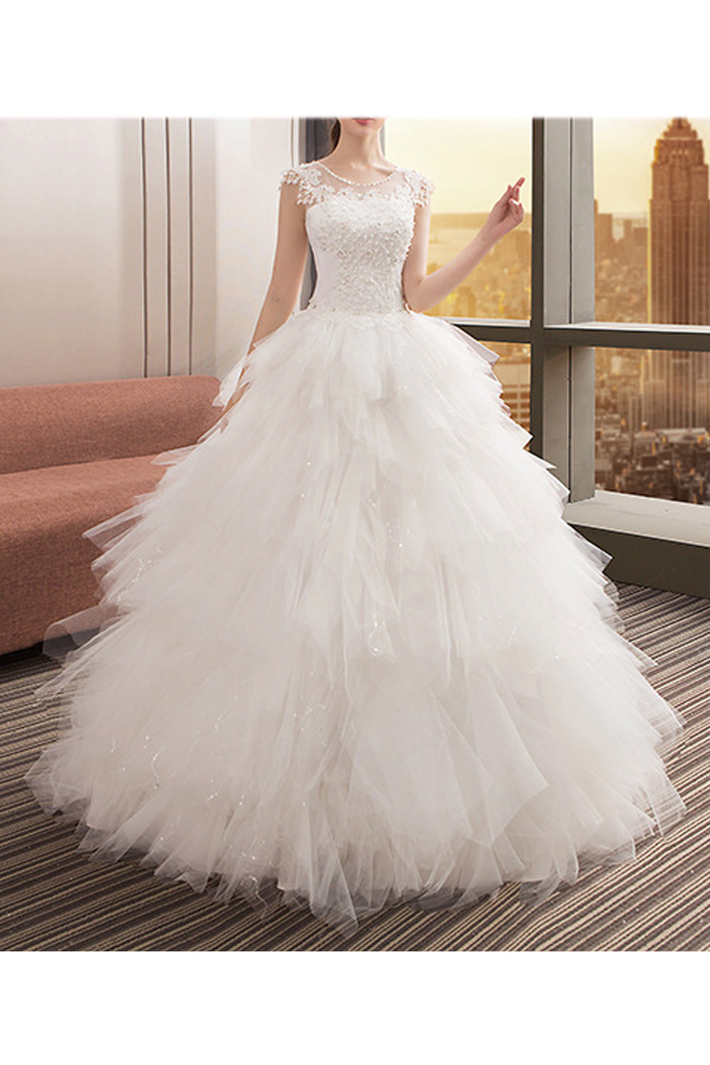 Women Ruffled Skirt Solid Pattern Easy Round Neck Wedding Dress