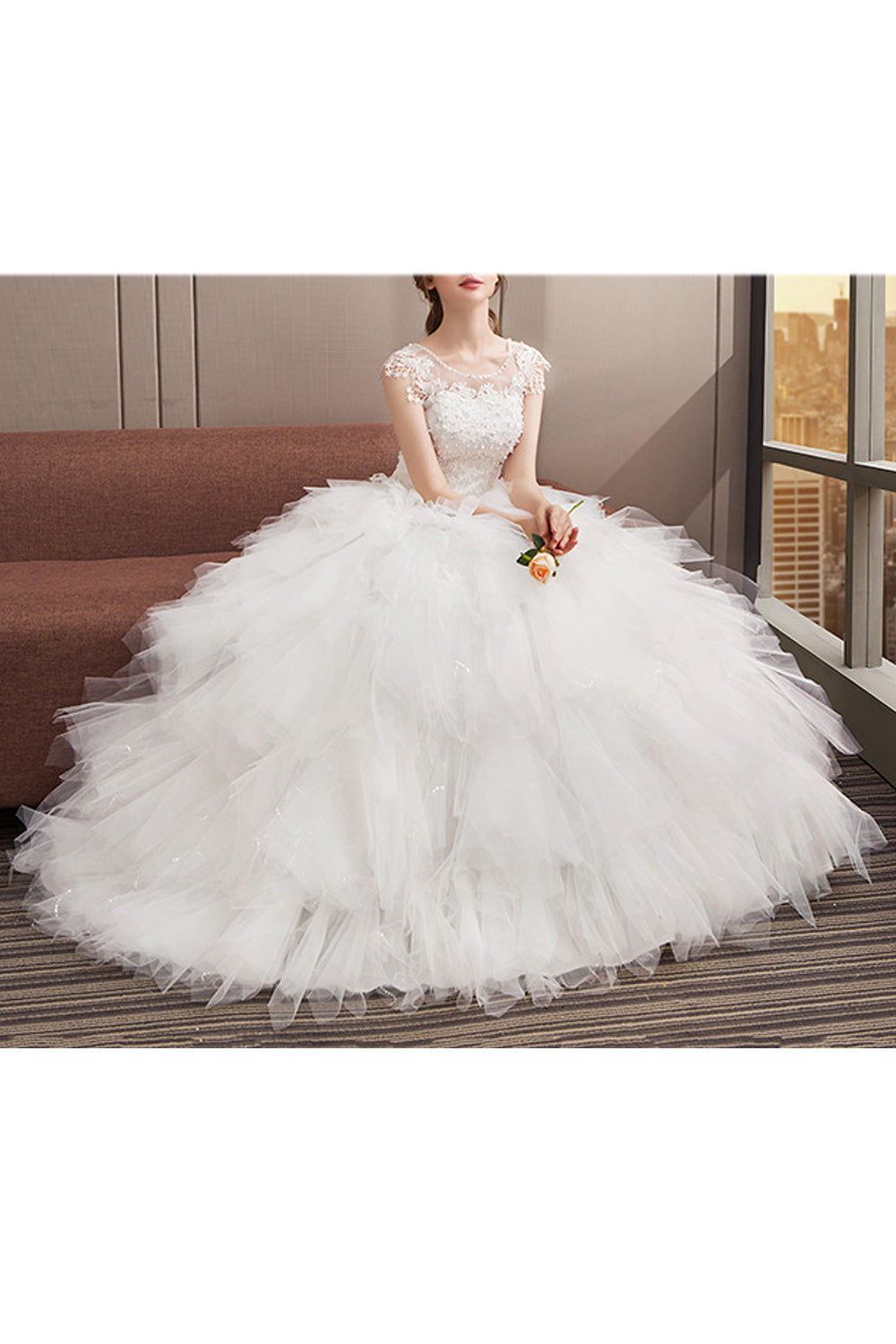 Women Ruffled Skirt Solid Pattern Easy Round Neck Wedding Dress