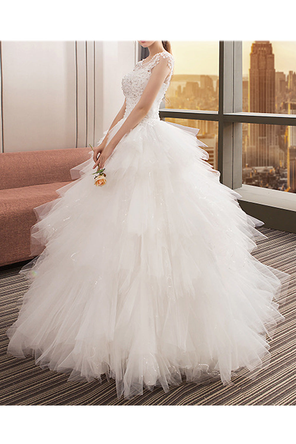 Women Ruffled Skirt Solid Pattern Easy Round Neck Wedding Dress