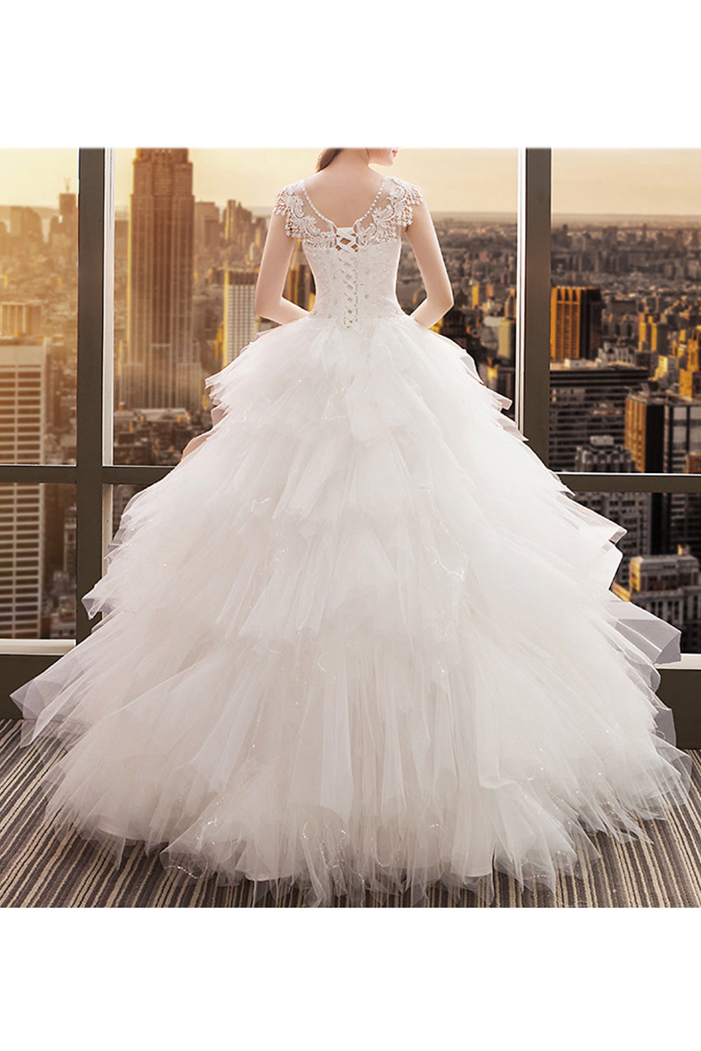 Women Ruffled Skirt Solid Pattern Easy Round Neck Wedding Dress