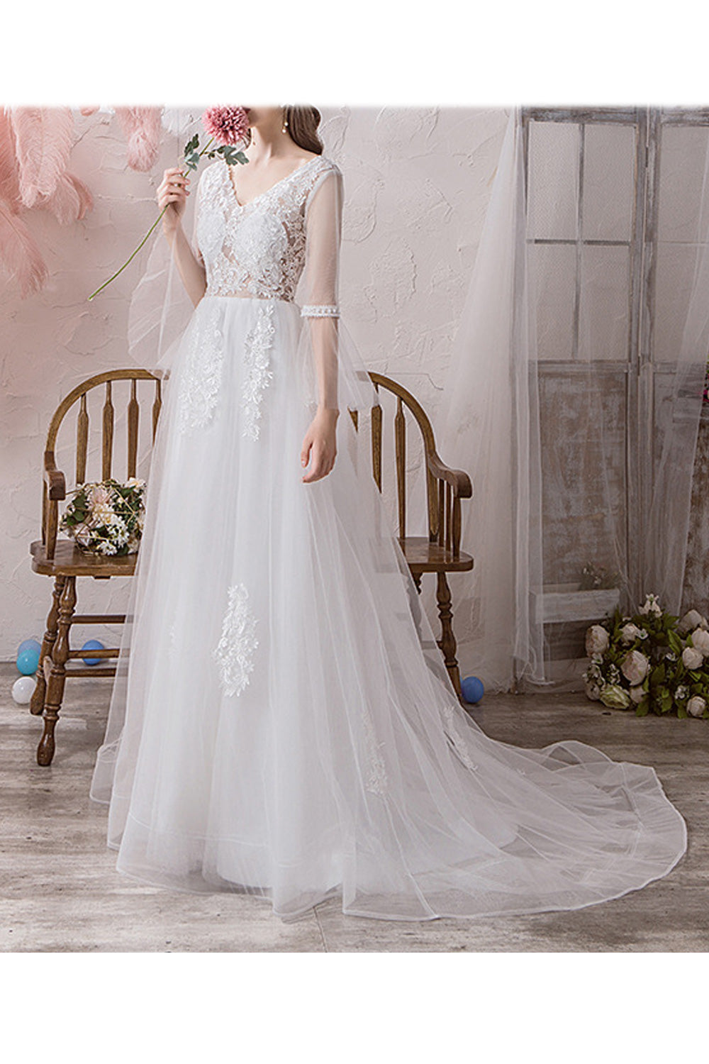 Women Pretty V-Neck Style Thin Long Sleeve Stylish Wedding Dress