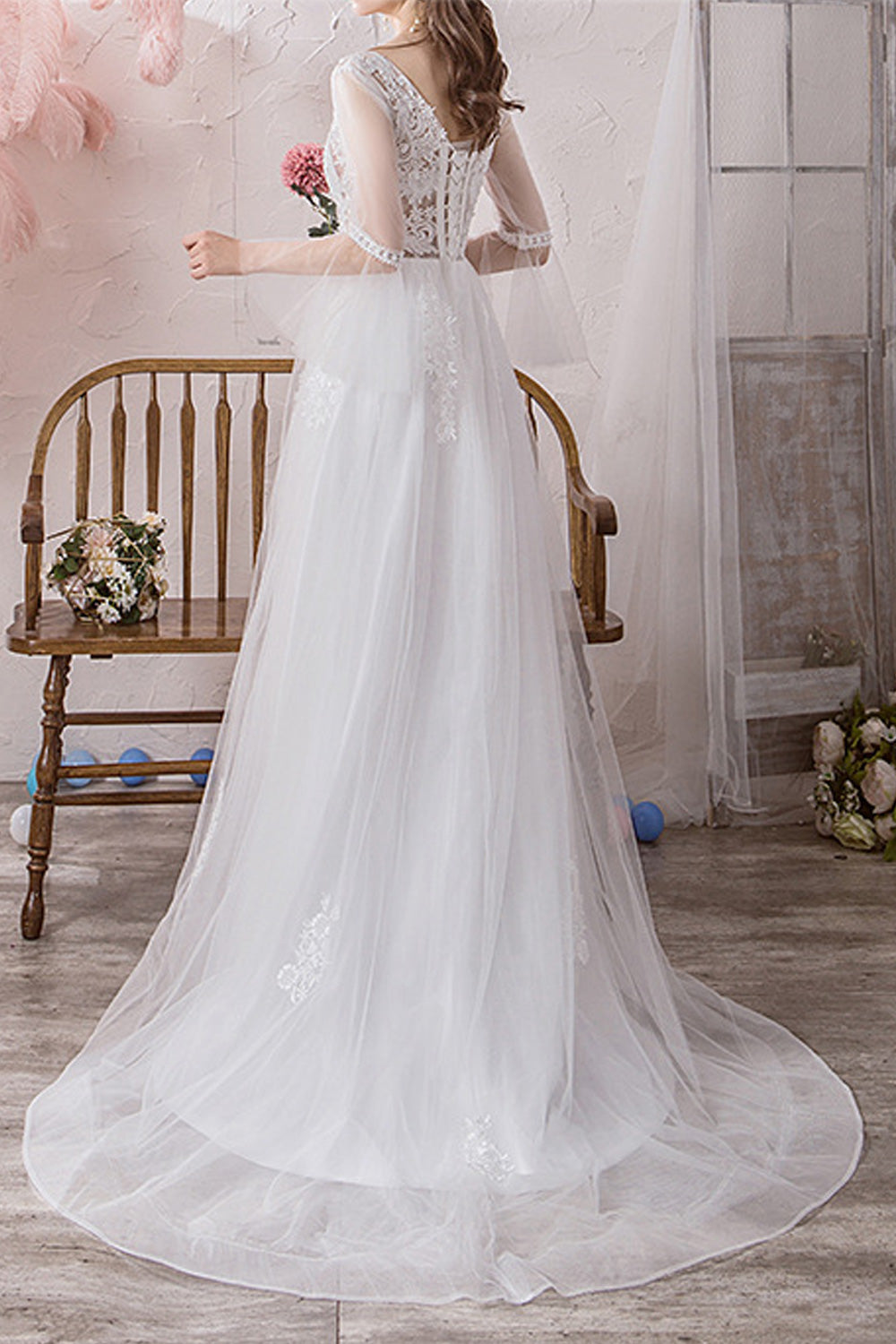 Women Pretty V-Neck Style Thin Long Sleeve Stylish Wedding Dress