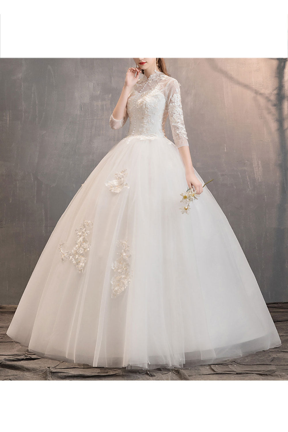Women Stand Collar Long Sleeve Thin Breathable Wedding Dress