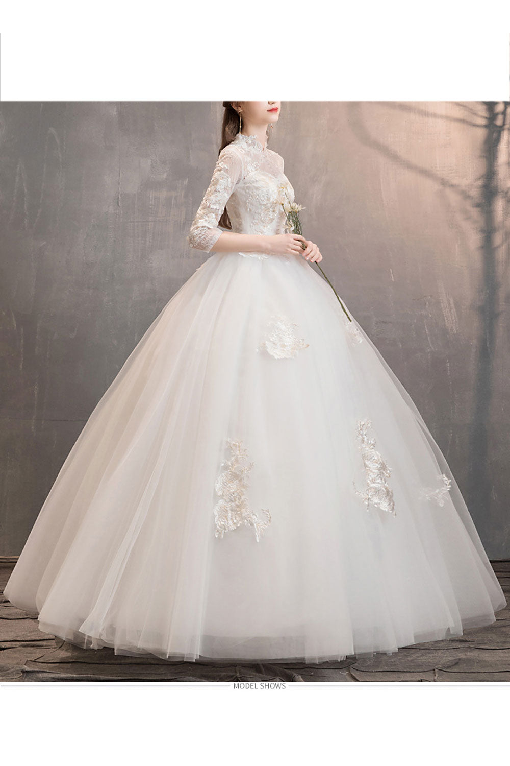 Women Stand Collar Long Sleeve Thin Breathable Wedding Dress