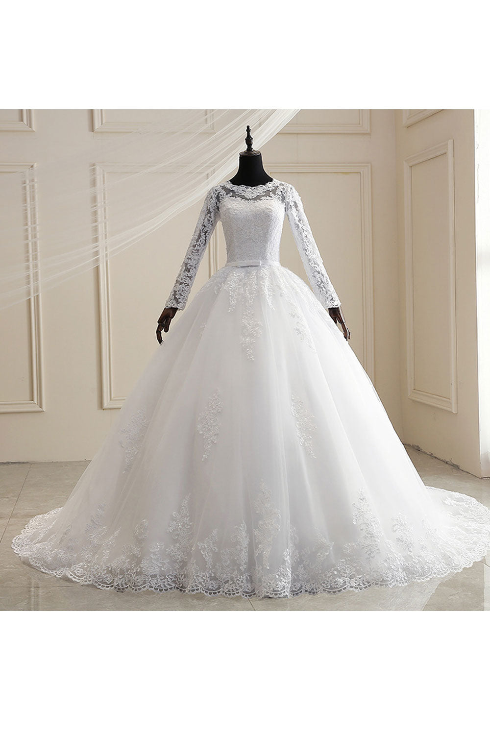 Women Long Sleeve Breathable Round Neck Embroidered Style Wedding Dress