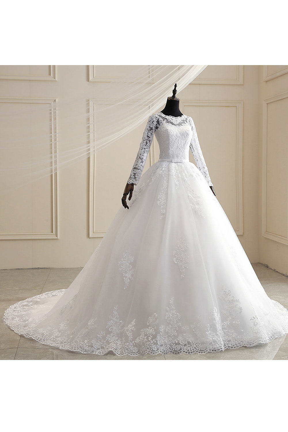 Women Long Sleeve Breathable Round Neck Embroidered Style Wedding Dress