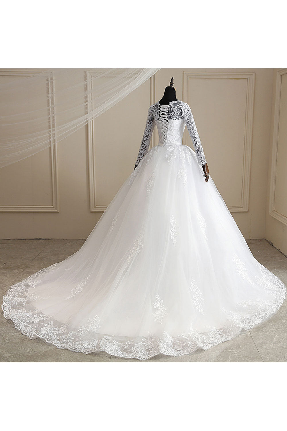 Women Long Sleeve Breathable Round Neck Embroidered Style Wedding Dress