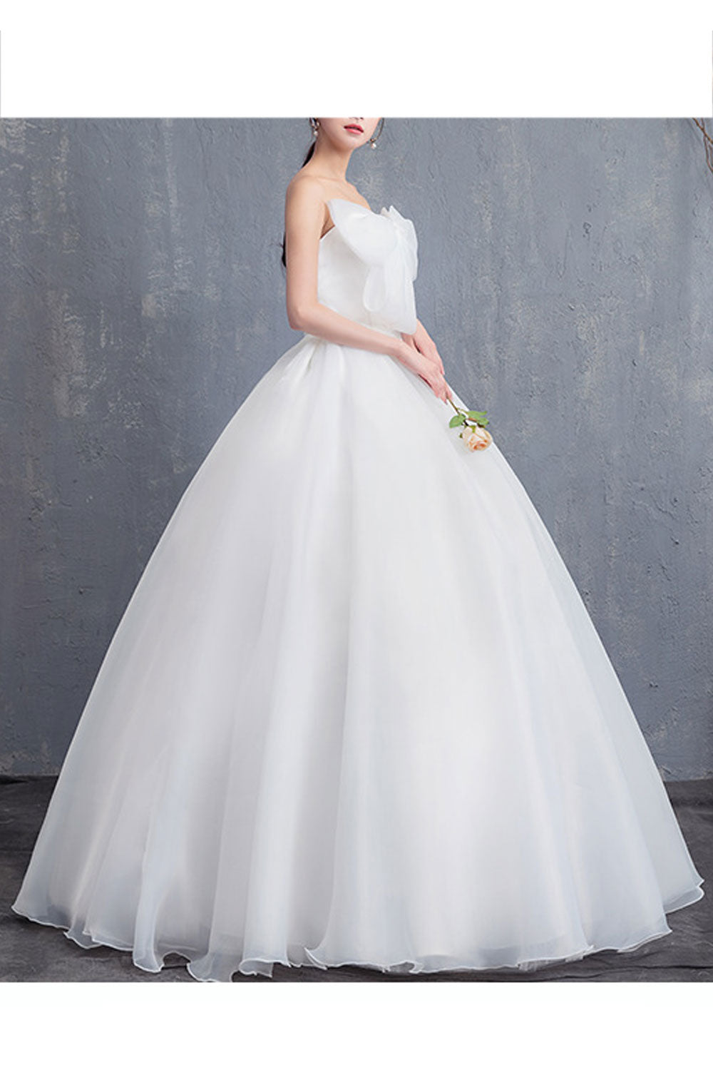 Women Solid Colored Pleated Pattern Bow Attached Wedding Dress