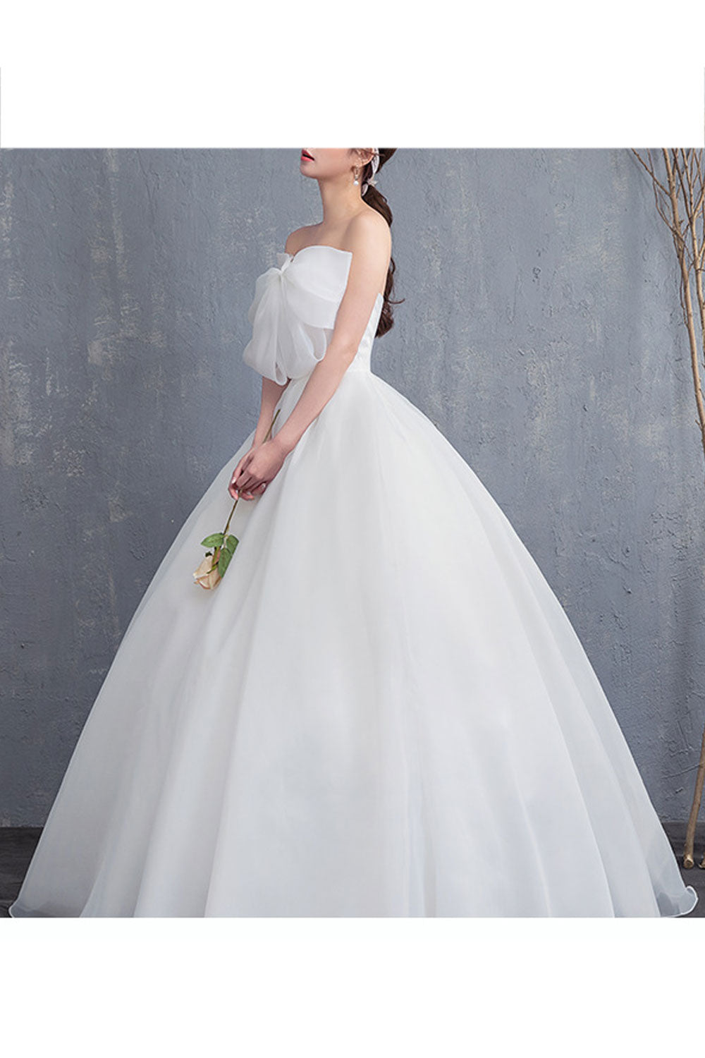 Women Solid Colored Pleated Pattern Bow Attached Wedding Dress