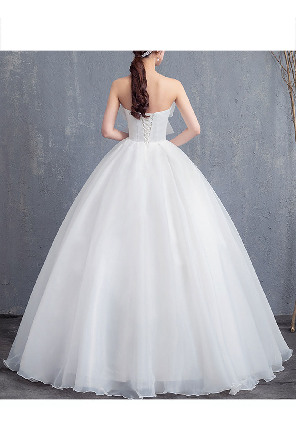 Women Solid Colored Pleated Pattern Bow Attached Wedding Dress