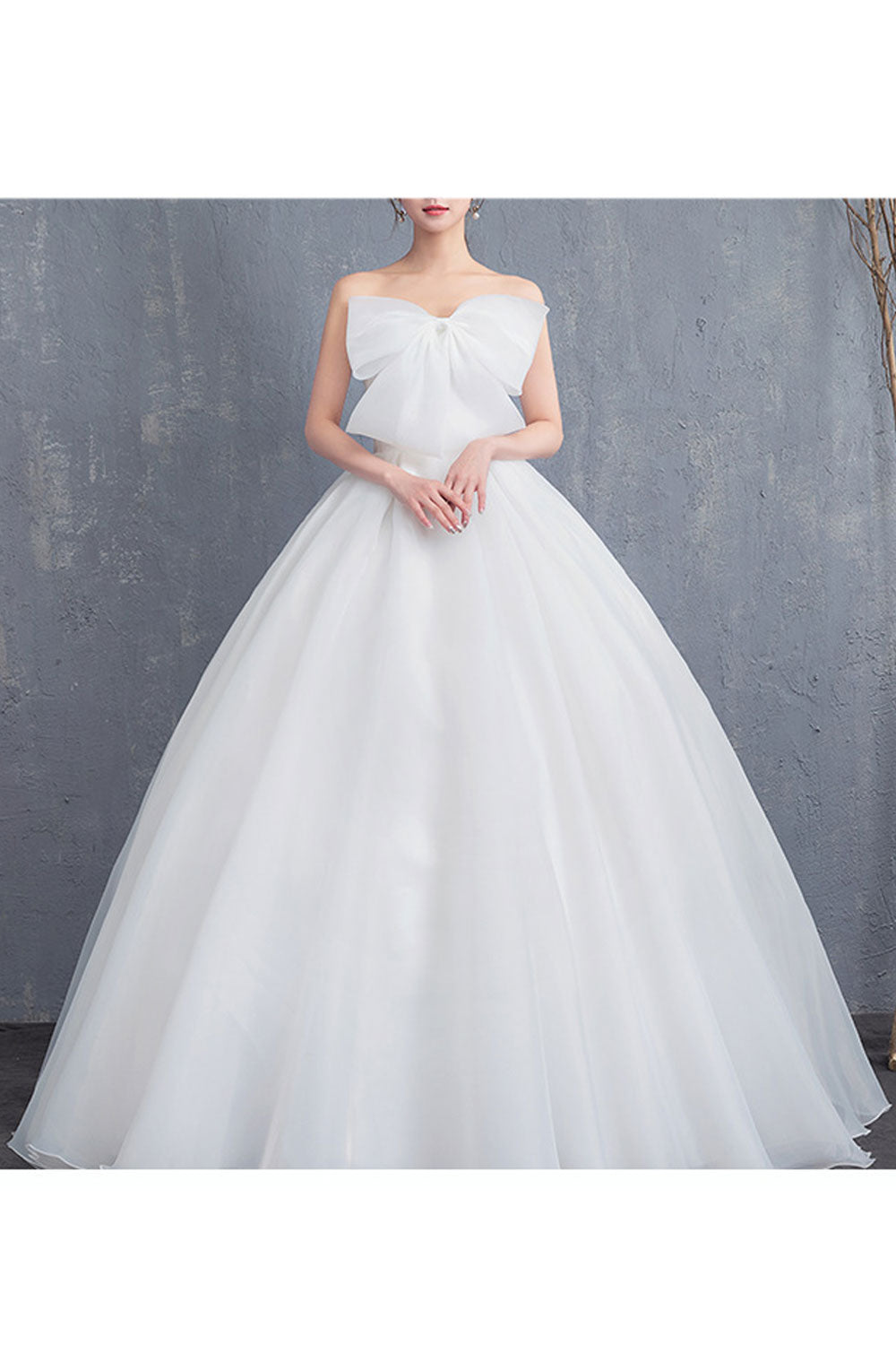 Women Solid Colored Pleated Pattern Bow Attached Wedding Dress