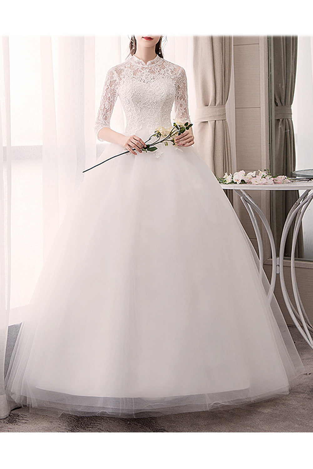 Women Lace Styled Elegant Stand Collar Comfortable Wedding Dress