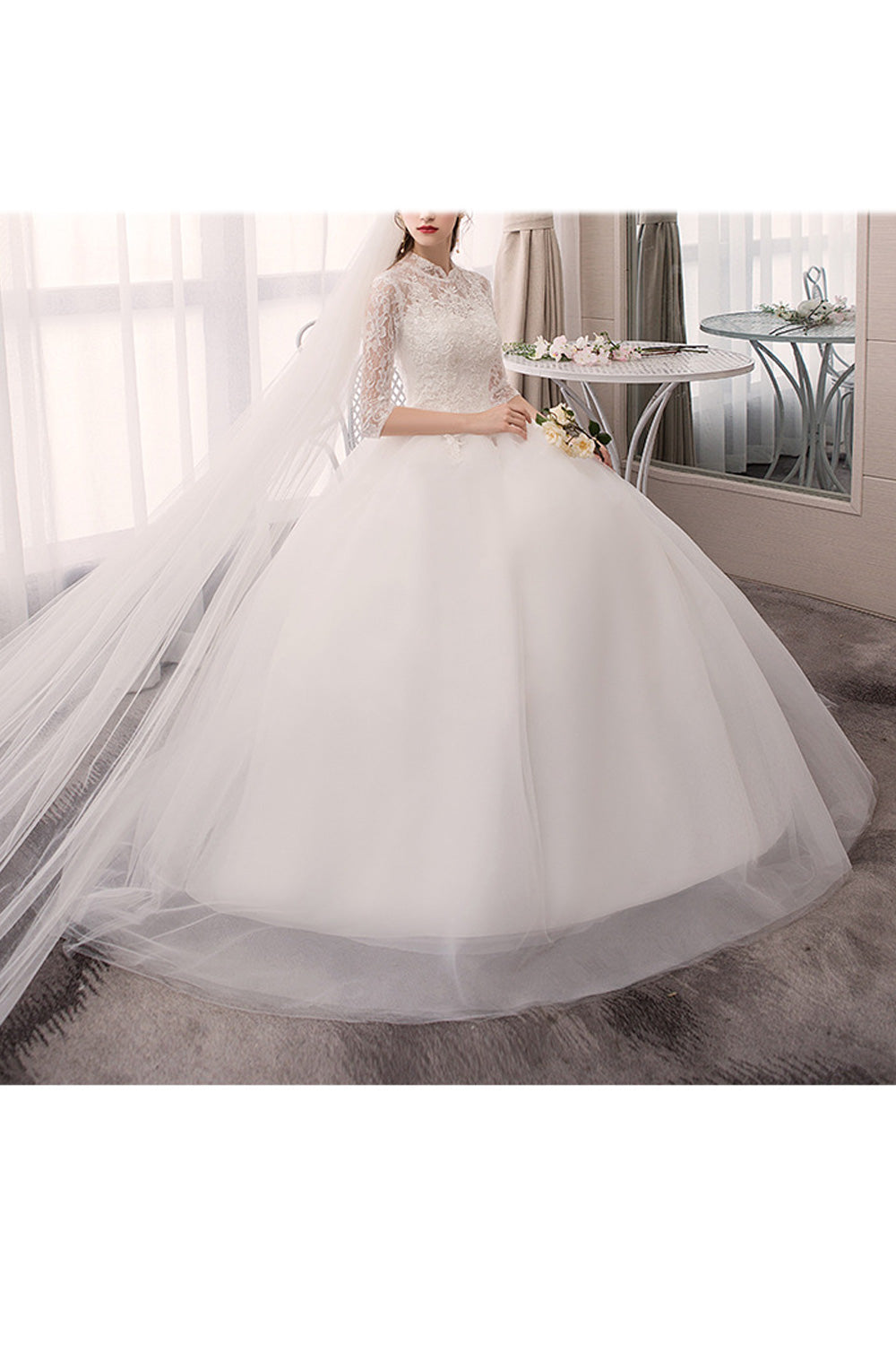 Women Lace Styled Elegant Stand Collar Comfortable Wedding Dress