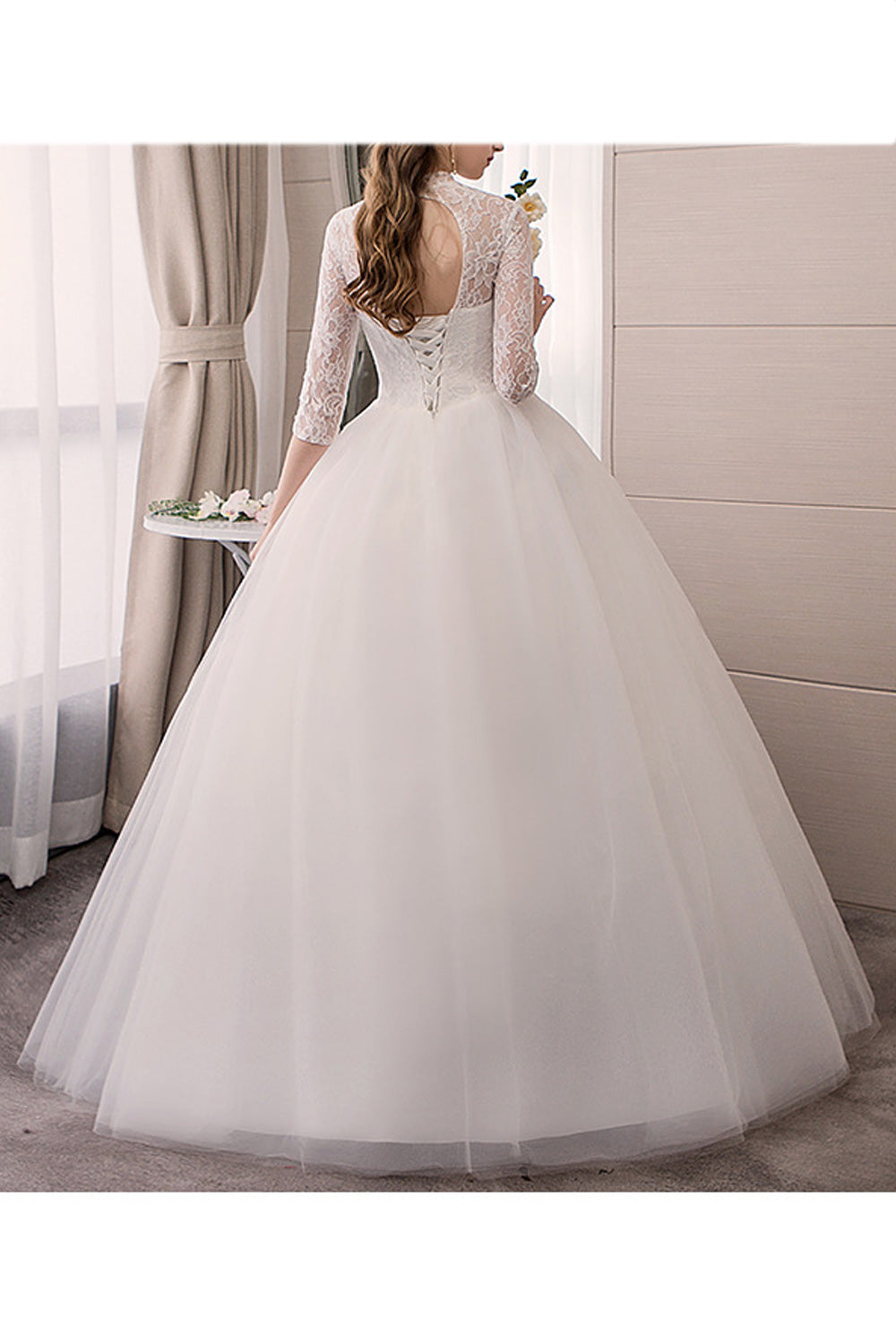 Women Lace Styled Elegant Stand Collar Comfortable Wedding Dress
