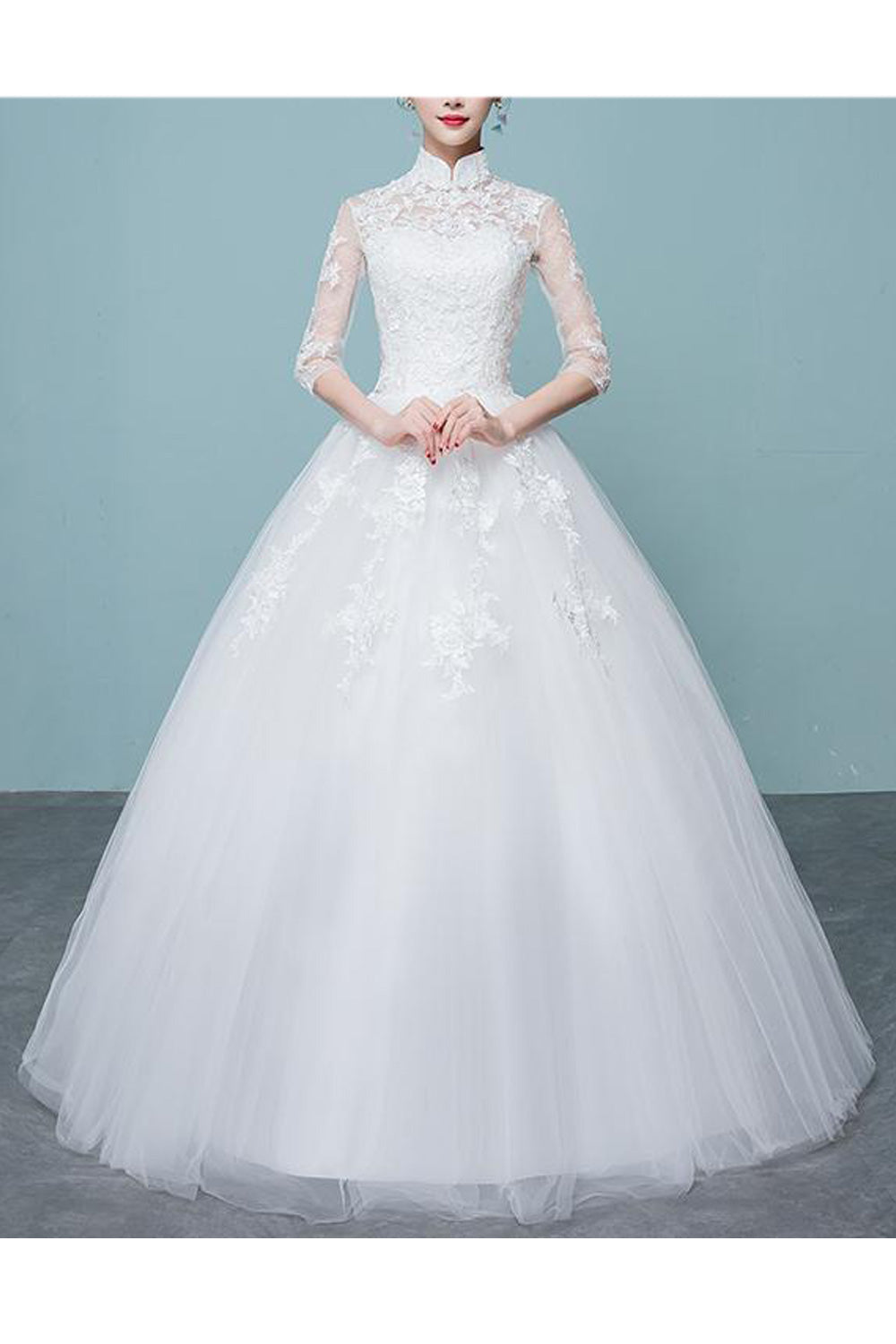 Women Short Sleeve Comfy Stand Collar Flower Lace Wedding Dress