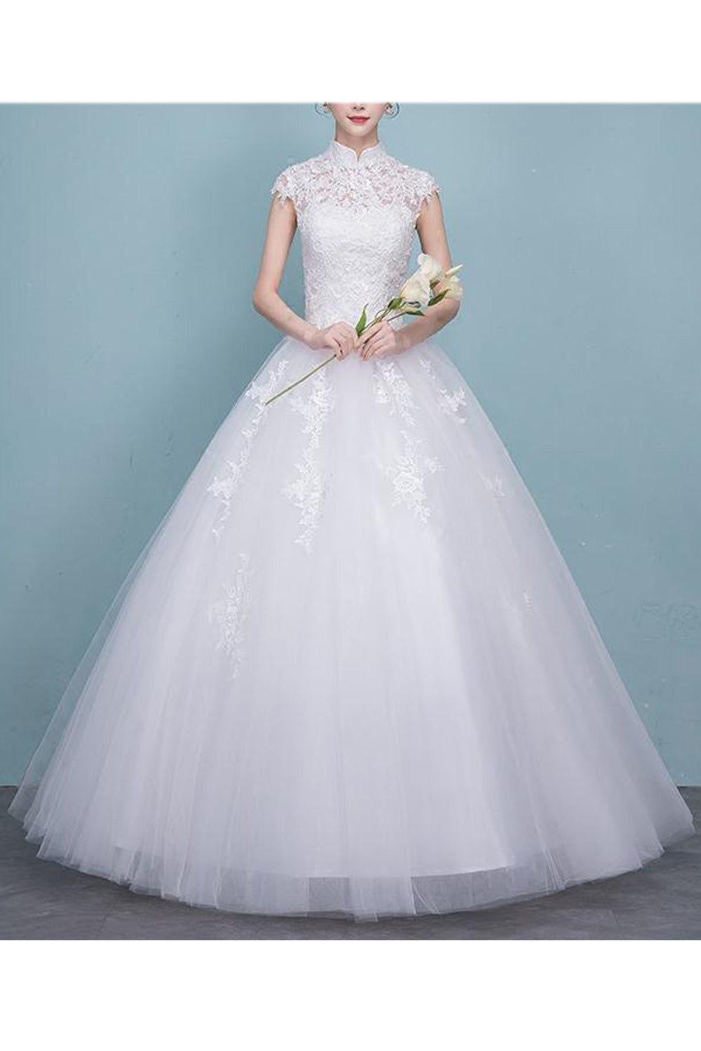 Women Short Sleeve Comfy Stand Collar Flower Lace Wedding Dress