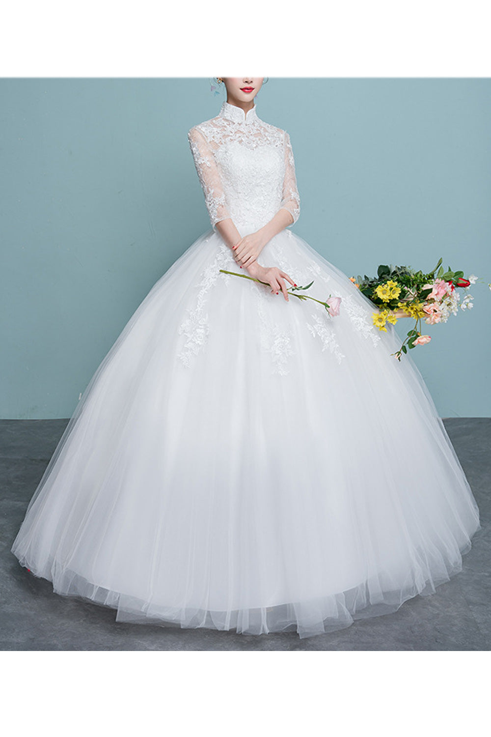 Women Short Sleeve Comfy Stand Collar Flower Lace Wedding Dress