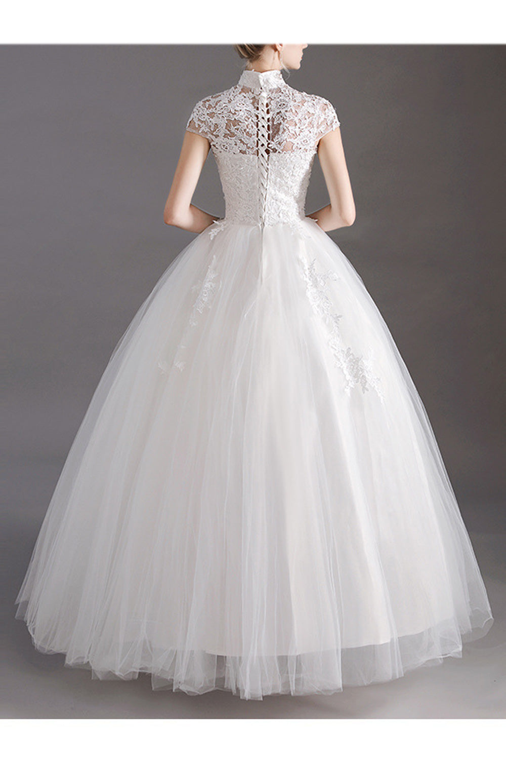 Women Short Sleeve Comfy Stand Collar Flower Lace Wedding Dress
