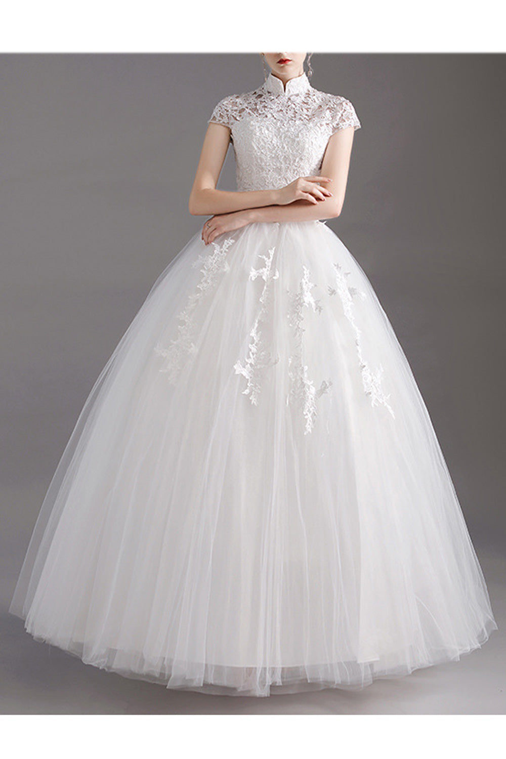 Women Short Sleeve Comfy Stand Collar Flower Lace Wedding Dress