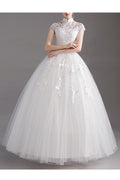 Women Short Sleeve Comfy Stand Collar Flower Lace Wedding Dress