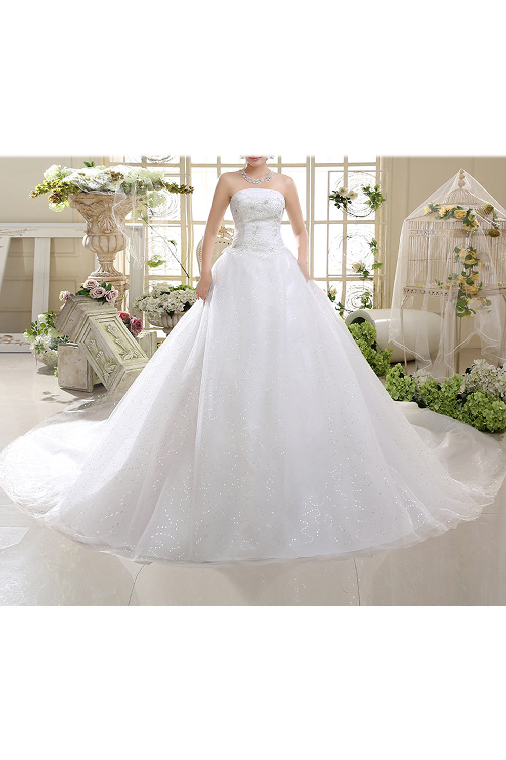 Women Stylish Sequin Decorated Solid Pattern Breathable Wedding Dress