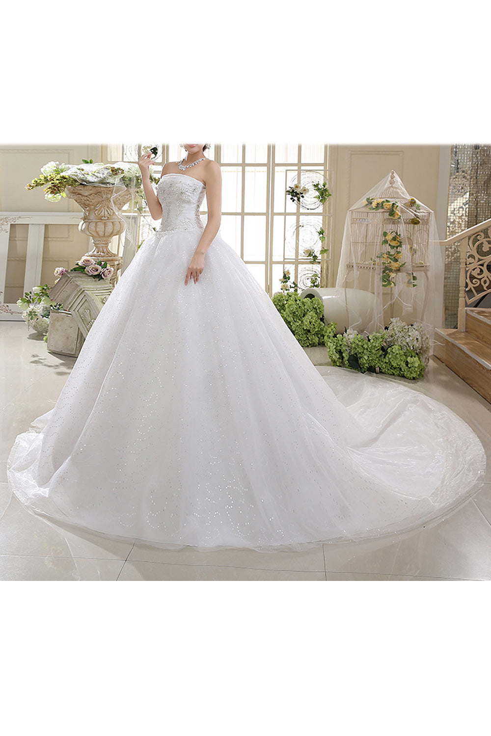 Women Stylish Sequin Decorated Solid Pattern Breathable Wedding Dress
