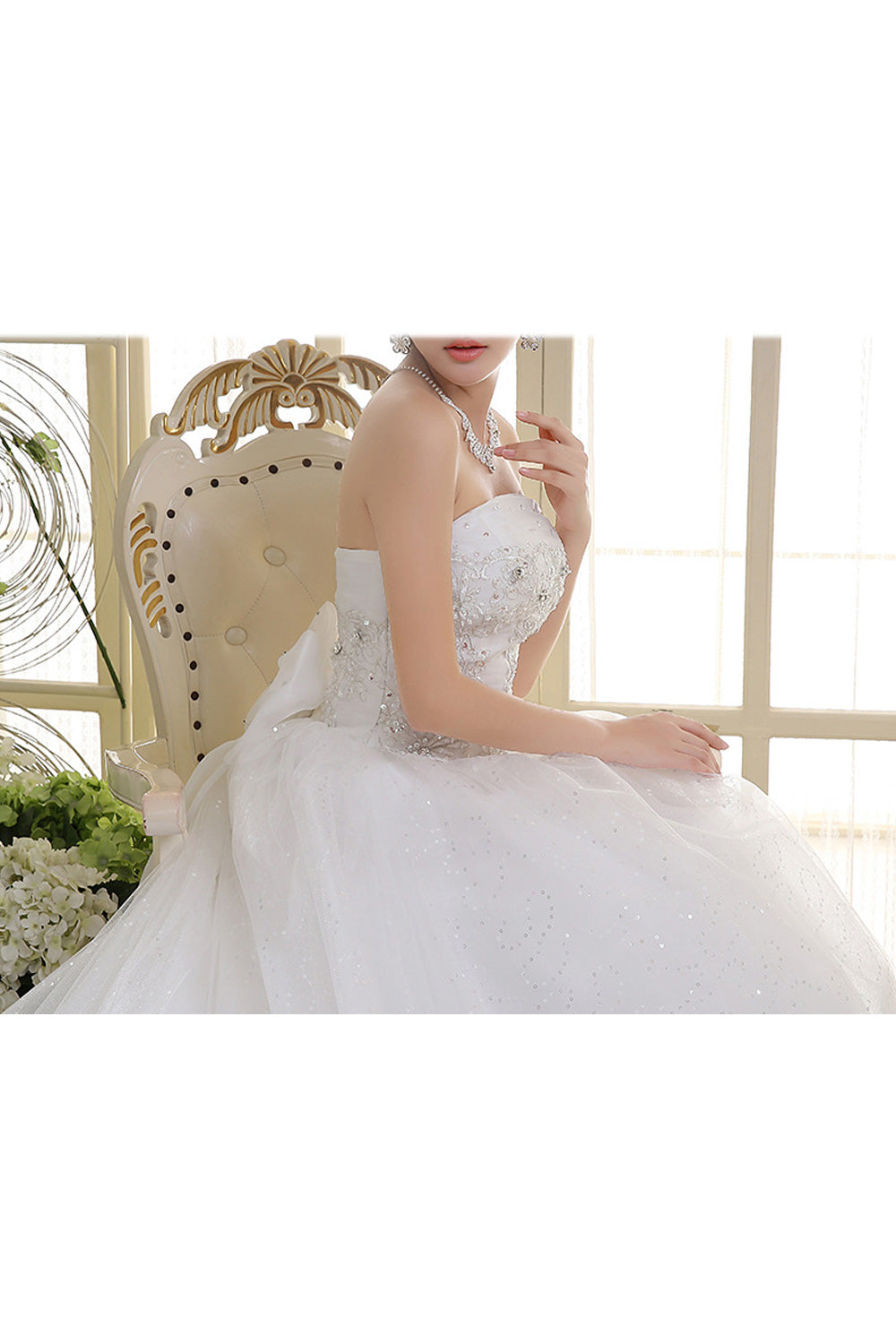 Women Stylish Sequin Decorated Solid Pattern Breathable Wedding Dress