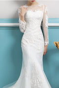 Women Long Lace Sleeve Slim Fit Style Long Tail Wedding Dress
