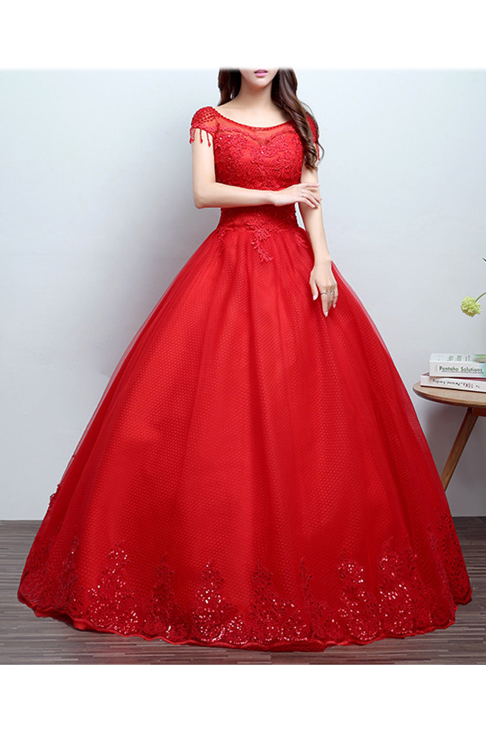 Women Red Colored Short Sleeve Long Gown Wedding Dress