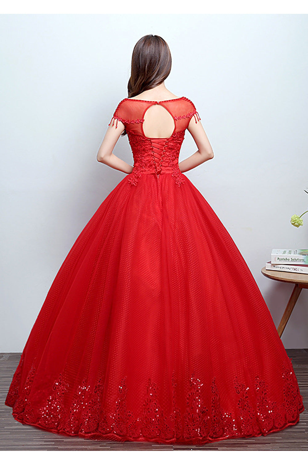 Women Red Colored Short Sleeve Long Gown Wedding Dress