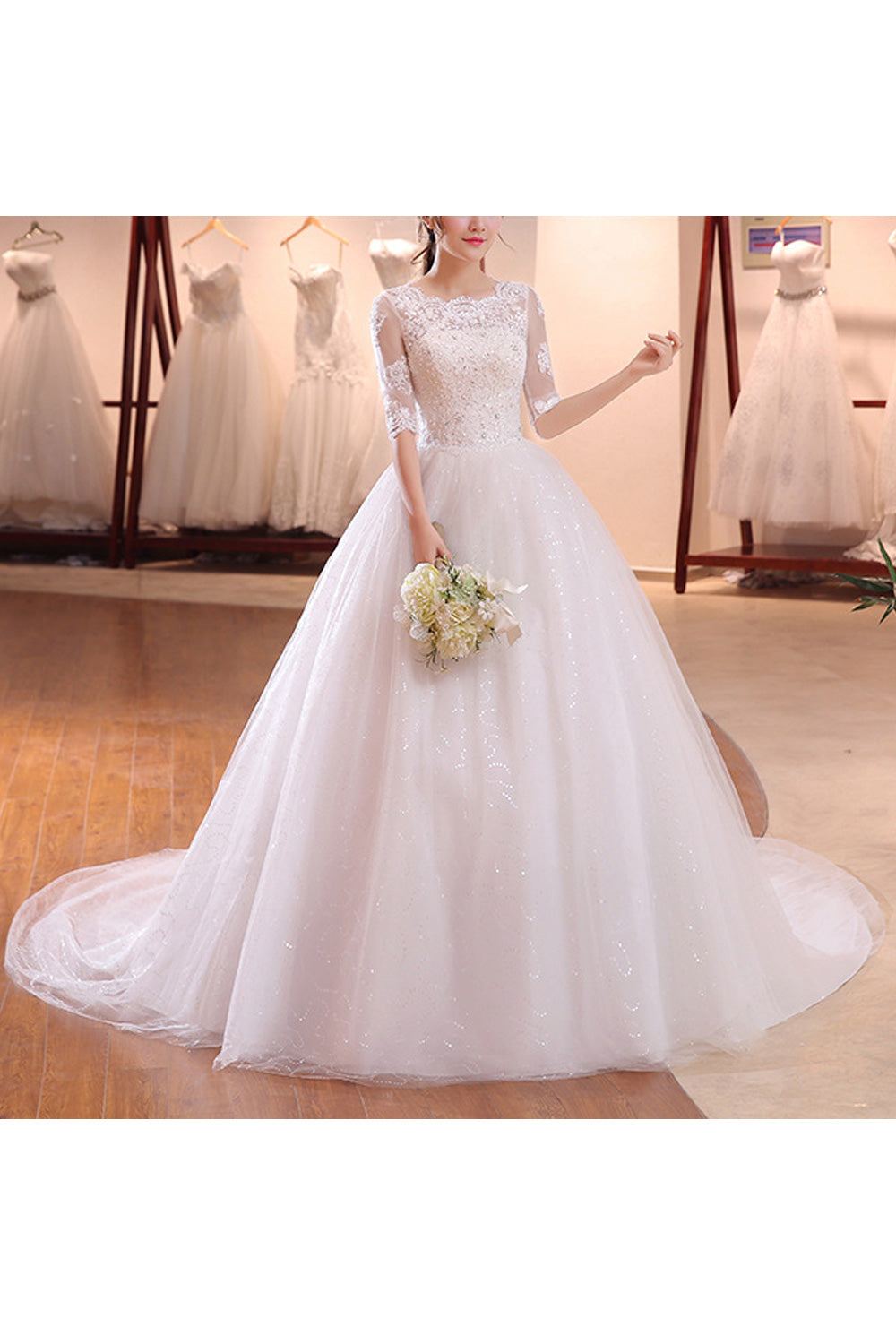 Women Long Tail Solid Colored Round Neck Elegant Wedding Dress