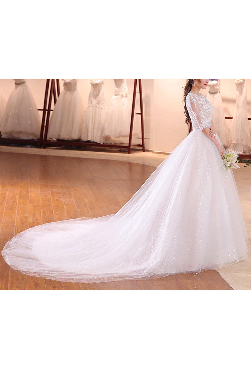 Women Long Tail Solid Colored Round Neck Elegant Wedding Dress