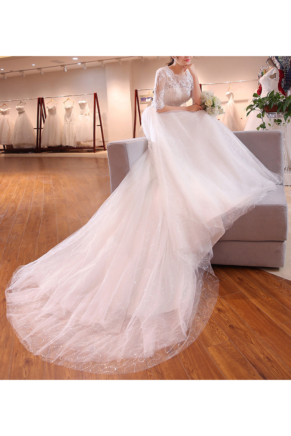 Women Long Tail Solid Colored Round Neck Elegant Wedding Dress