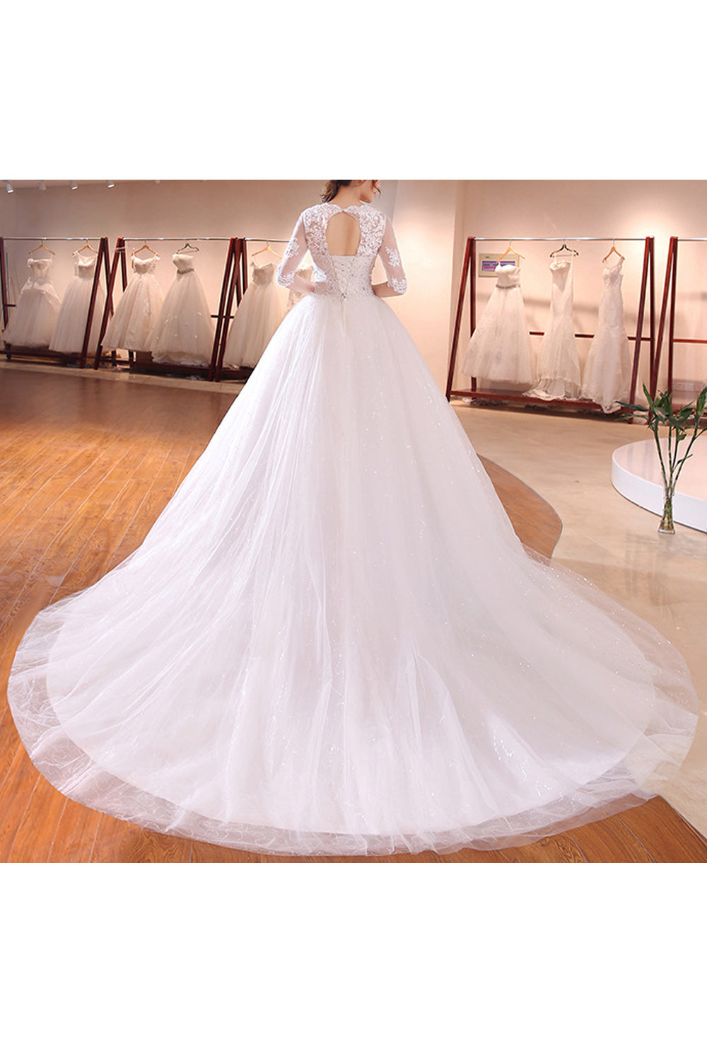 Women Long Tail Solid Colored Round Neck Elegant Wedding Dress