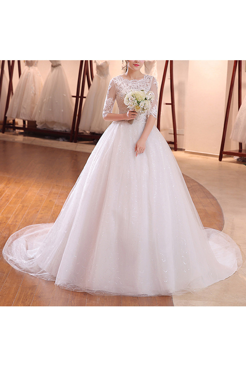 Women Long Tail Solid Colored Round Neck Elegant Wedding Dress