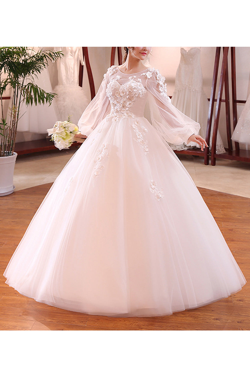 Women Beautiful Flower Attached Long Sleeve Classy Wedding Dress