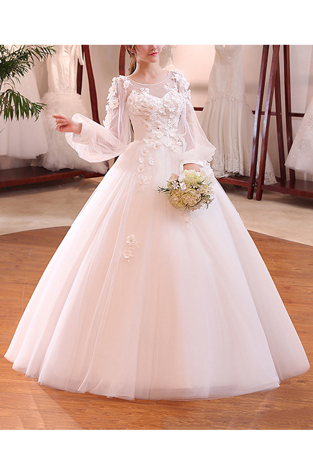 Women Beautiful Flower Attached Long Sleeve Classy Wedding Dress