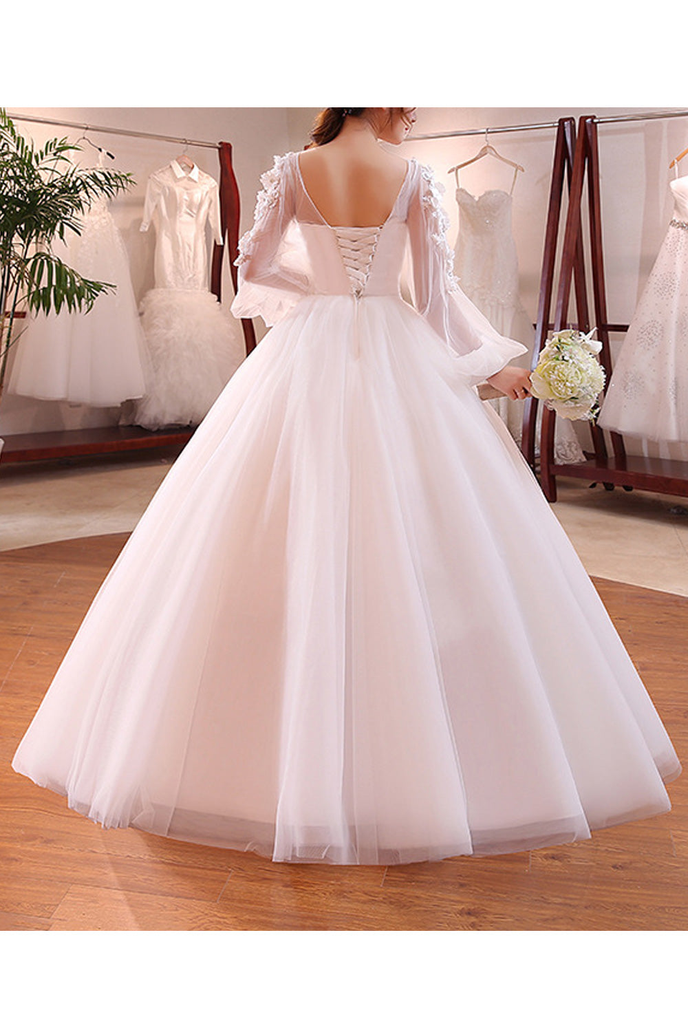 Women Beautiful Flower Attached Long Sleeve Classy Wedding Dress