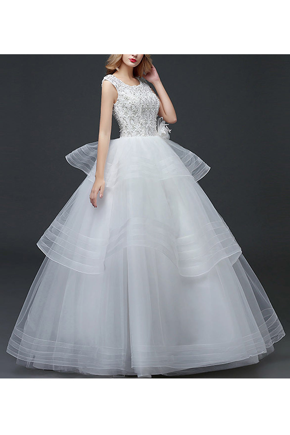 Women Beautiful Bead Decorated Sleeveless Ruffled Layers Wedding Dress