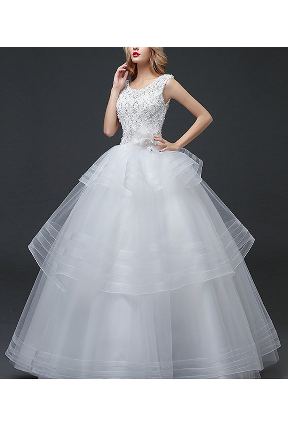 Women Beautiful Bead Decorated Sleeveless Ruffled Layers Wedding Dress