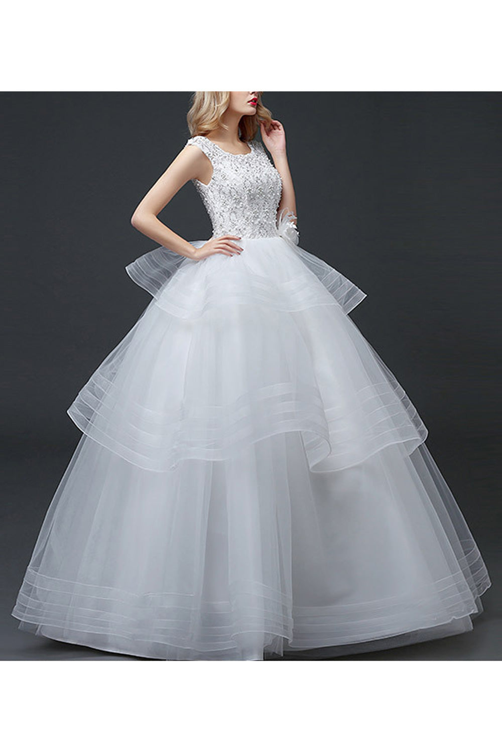 Women Beautiful Bead Decorated Sleeveless Ruffled Layers Wedding Dress