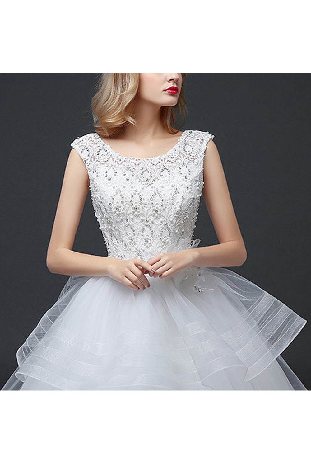 Women Beautiful Bead Decorated Sleeveless Ruffled Layers Wedding Dress